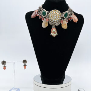Green/Peach Kundan and Black Metal Fusion Choker Set