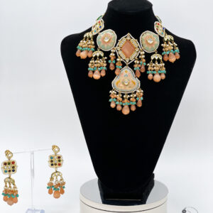 Peach/Babyblue Polki Kundan Collar Necklace Set