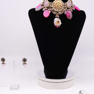 Pink Kundan and Black Metal Fusion Choker Set