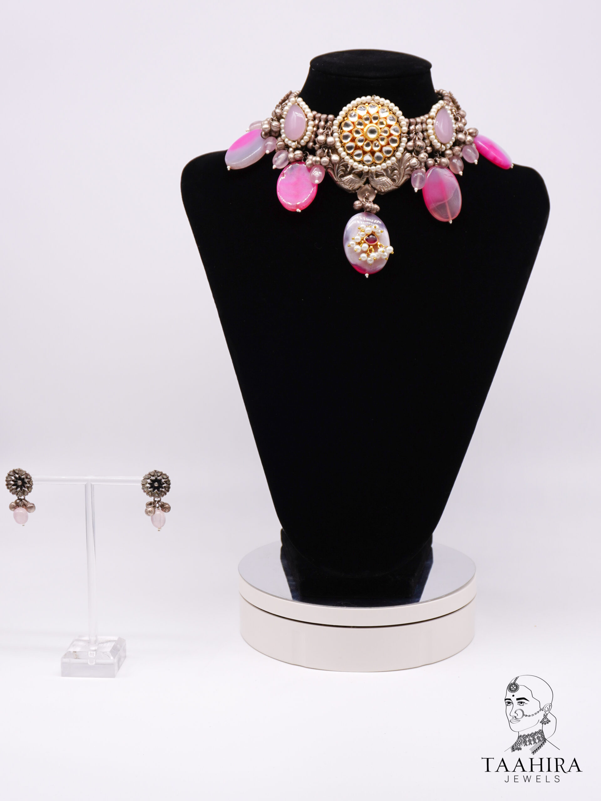 Pink Kundan and Black Metal Fusion Choker Set