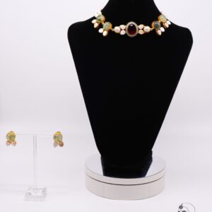 White Pearls and Red/Green Kundan Choker Necklace Set