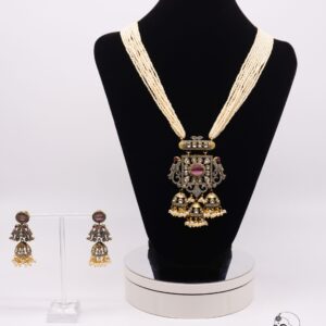 Pink and White Pearl Long Necklace Set